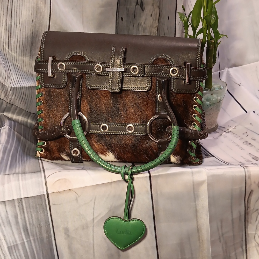 Luella Gisele Handbag Rare calf hair, cowhide brown, green with grommets